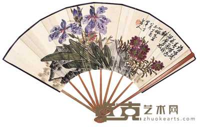 陈半丁 田毓璠 丁酉(1957年)作 花卉图 行书 成扇